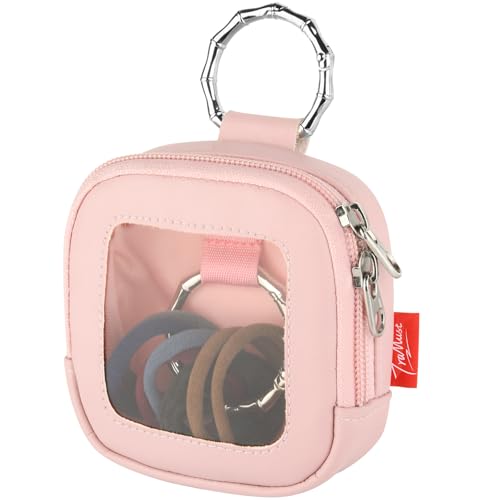 Hair Tie Organizer Bag with Clear Window, PU Leather Portable Hair Tie Holder with O Ring, Hanging Storage Container for Hair Accessories Cotton Swab Bobby Pin Small Items