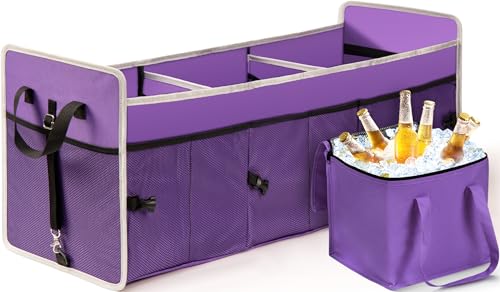 Car Trunk Organizer with Individual Cooler Bag - 3 Compartment Collapsible Car Storage for SUV (Purple)