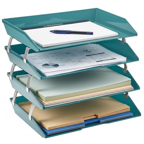 4 Tier Paper Letter Tray Side Load Letter Size, Office Desk File Document Organizer Plastic (Solid Green)