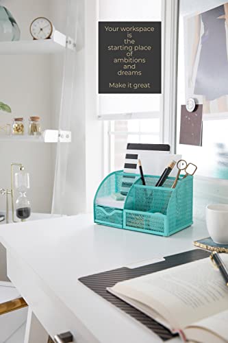 Aqua Desk Organizer | Metal Turquoise Stationery Holder With Drawer and Compartments | Desktop Storage for School, Bedroom, Locker and Home | 5.5”D x 8.6”W x 5”H Accessory Caddy - view 2