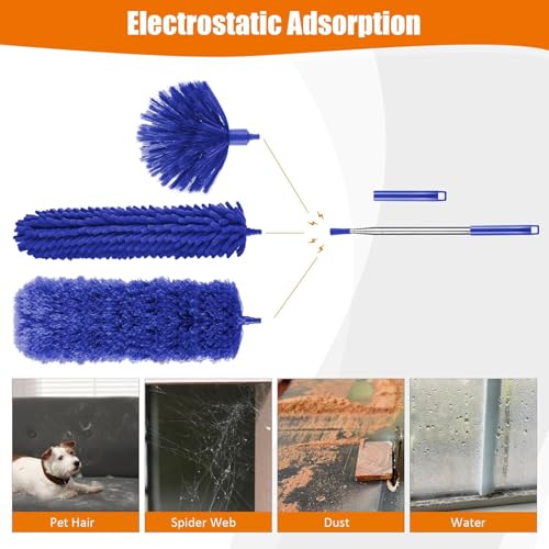 4 Pcs Microfiber Cobweb Duster with 100-inch Extendable Pole, Washable and Reusable Feather Cleaning Duster Kit with 3 Duster Heads,Dusters for Cleaning with Telescopic Pole for High Ceiling Fan,Blue - view 3
