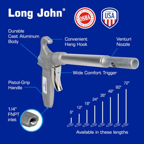 Long John Safety Air Gun with 12-Inch Aluminum Extension, High Performance OSHA Compliant Alloy Nozzle, Gray/Silver (75LJ012AA) - view 4