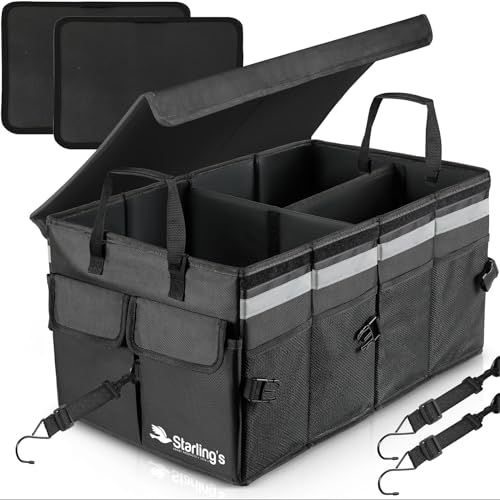 Car Trunk Organizer Super Strong, Foldable Storage Cargo Box for SUV, Auto, Truck Nonslip Waterproof Bottom, Fits any Vehicle, Come w Adjustable TieDown Straps W LID (Black, 2