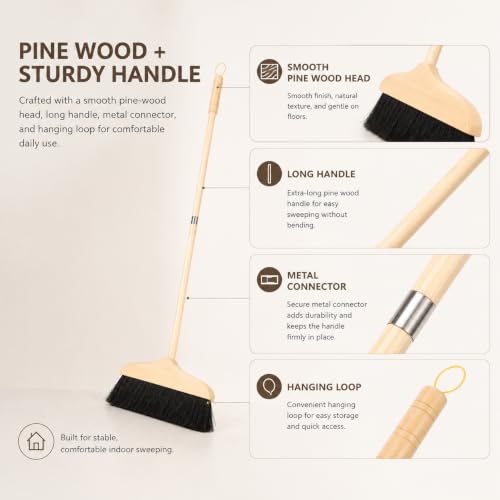 Horsehair Broom for Hardwood Floors, Soft Bristle Indoor Sweeping Brush with Pine Wood Head, Anti-Static Dust Remover for Home Kitchen, 37 Inch Wood Long Handl - view 5