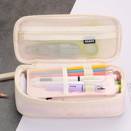 Large Capacity Canvas Pencil Case Organizer Holder Pouch Bag with Zipper Compartments, Pen Cases for Women Girls School Adults (Pink) - view 7
