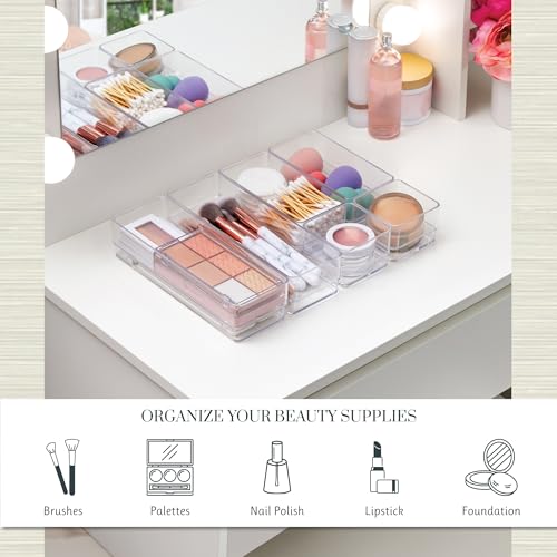 SimpleSort Drawer Organizer Bins 6 pc Set, Multi-size, Bathroom Organizers and Storage, Makeup Organizer, Desk Organizer, Vanity Organizer, Clear Organizing Containers, Made in USA - view 3