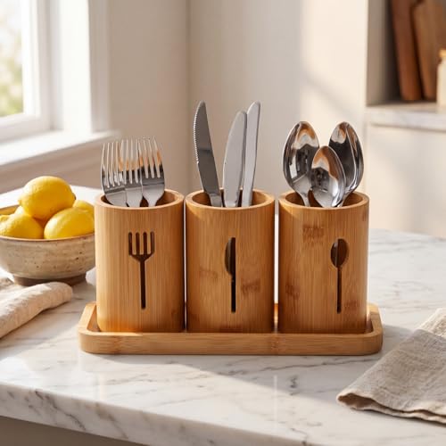 Silverware Holder, Bamboo Utensil Organizer with Tray, Kitchen Cutlery Flatware Holder Organizer for Spoons, Knives and Forks, Ideal for Kitchen and Restaurant - view 6