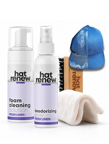 Hat Renew Eco-Friendly Ingredients Foaming Hat Cleaner Kit - Fresh Linen Scent - Sweat Stain & Odor Remover for Hats & Caps - No Soaking, No Washing Machine - Safe for Embroidery & Structured Hats