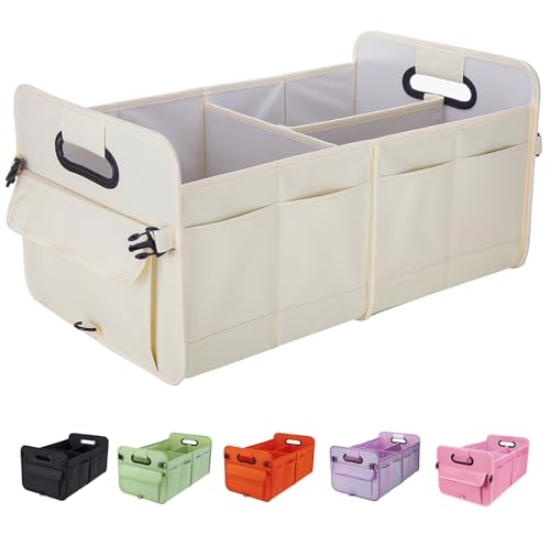 Trunk Organizer For Suv & Sedan,Car Organizers and Storage, Waterproof Collapsible & Adjustable Straps,Sturdy Car Organization for Car Accessories, Tools,Food，Sundries,2-3 Compartment（Beige）