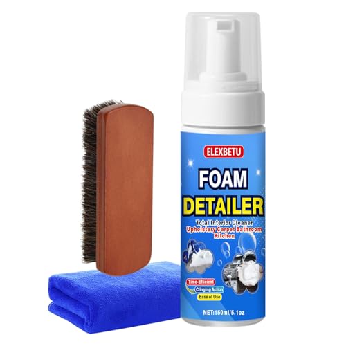 Car Interior Cleaner, Foam Cleaner for Car Seats Upholstery Carpet Leather Fabric Vinyl, No-Rinse Deep Stain Remover with Horsehair Brush & Microfiber Towel, Waterless Auto Detailing Kit, 5 oz / 150ml