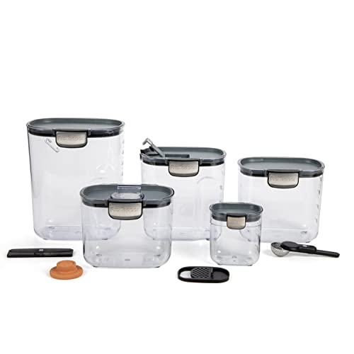 + Airtight Food Storage Container Set – Clear Plastic Flour and Sugar Canister Set with Magnetic Accessories for Kitchen Organization (Grey, 9-Piece)