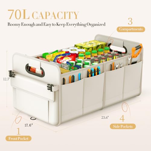Trunk Organizer For Suv & Sedan,Car Organizers and Storage, Waterproof Collapsible & Adjustable Straps,Sturdy Car Organization for Car Accessories, Tools,Food，Sundries,2-3 Compartment（Beige） - view 3