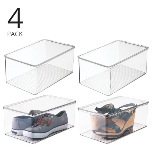 Stackable Plastic Closet Storage Container Bin Box with Hinge Lid for Organizing Shoes, Booties, Pumps, Sandals, Wedges, Flats, Heels - Lumiere Collection - 4 Pack - Clear - view 2