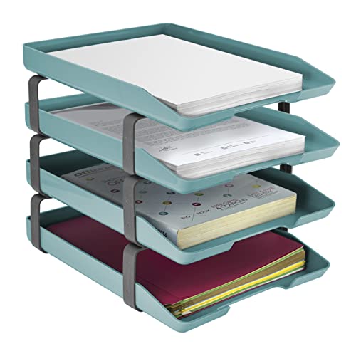 Traditional 4 Tier Letter Tray, Front Load Design, A4 Letter Size, Desktop Organizer (Plastic) (Solid Green Color)