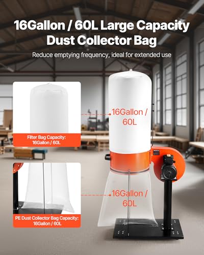 Dust Collector, 800 CFM 2.5 Micron Vortex Cone Dust Collectors, 1HP Sawdust Collection System with 16-Gallon Large Capacity Dusts Collector Bag, Filter Bag, and Casters, 3400 RPM High Speed - view 4