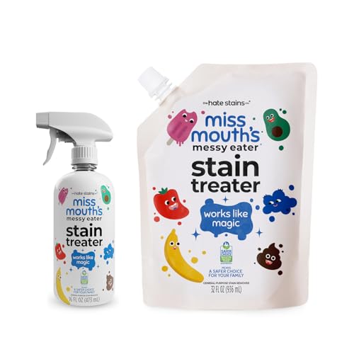 Messy Eater Stain Treater Bundle, 16oz Spray Bottle and 32oz XL Refill Pouch - Laundry Stain Remover for Clothes - Baby Feeding Essentials - Works on Carpet and Upholstery - 2 Pack Kit