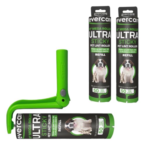 Ultra Sticky Pet Mega Lint Roller Value Pack, Manual Clothes & Furniture Cleaner with Handle and 2 Refills, 50 Sheets Each