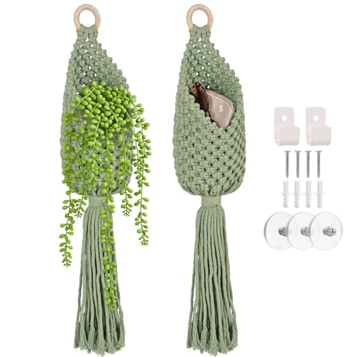 Macrame Wall Hanging Bags, 2 Pack Woven Pouches Boho Storage (Matcha Green)