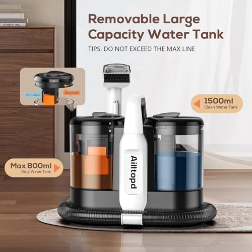 Portable Carpet & Upholstery Cleaner Machine, 15Kpa Powerful Suction & Deep Cleaning Cleaner Machine for Couch, Rugs, Carpet, Car, Pet, Furniture Cleaner with 2 Size BrushHead & Self-Cleaning System - view 4