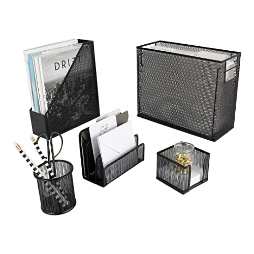 Black Desk Organizer Set | 5-Piece Metal Office Supplies Collection with Hanging File Organizer, Magazine Holder, Pen Cup, Sticky Note Holder & Letter Sorter | Workspace Organization