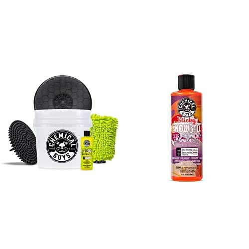 CWS21516BK Car Wash Detailing Bucket, Mitt & Accessories Bundle (6 Items) Featuring Sticky Snowball Ultra Snow Foam Car Wash Soap, 16 oz - Works on Cars, Trucks, SUVs, RVs & More