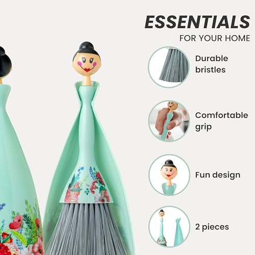 Mini Broom and Dustpan Set - Small Broom and Dustpan, Hand Broom for Desk, Kitchen, Car, Crumb Brush for Dust & Pet Hair, Decorative Doll Design, Portable Dust Pan Brush for Indoor - Turquoise - view 3
