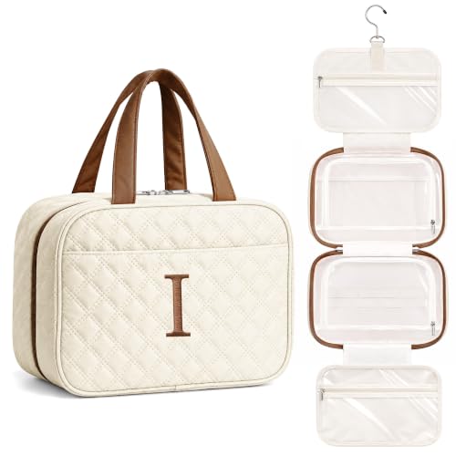 Initial Travel Toiletry Bag for Women Makeup Bag Organizer Beige I