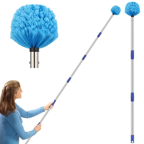 Cobweb Duster with Extension Pole, Outdoor Spider Web Brush with 6 ft Long Handle, Metal Cob Web Remover for High Ceilings Fans Indoor Cleaning, Medium-Stiff Bristles Dust Brush, Lightweight Cleaner