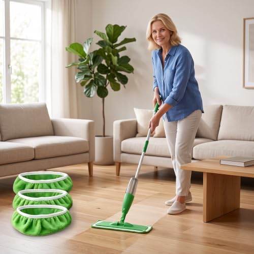 3Pcs Microfiber Mop Replacement Pads, Thick Household Floor Cloths Reusable & Washable, Lint‑Free, High‑Absorbent, Works for Tile Floors, Countertops, Kitchen and Bathroom Surfaces, Green