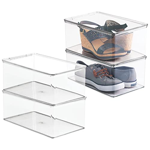 Stackable Plastic Closet Storage Container Bin Box with Hinge Lid for Organizing Shoes, Booties, Pumps, Sandals, Wedges, Flats, Heels - Lumiere Collection - 4 Pack - Clear