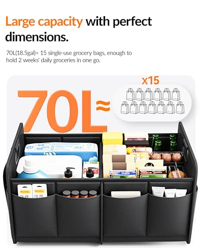 Car Trunk Organizer for SUV, 18.5Gal Large Capacity No-Sag Heavy Duty, Foldable Waterproof Anti-Slip Storage with 12 Pockets, Fit Sedan,Truck, Universal Car Accessories, Black, Large, 2 Compart - view 5