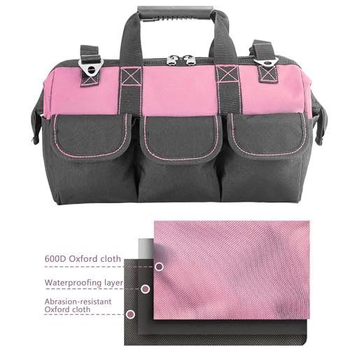 Garden Tools Bag 16inch Wide Mouth Women's Tool Bag with Molded Base and Plastic-Padded, Inside Pockets for Tool Storage,600D polyester fabric (Pink color) - view 6