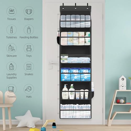 Over Door Organizer with 6 Extra Large Pockets 12 Side Pockets, Sturdy Closet Storage Rack, Hanging Storage Organizer with Clear Window for Shoes, Diaper, Bedroom, Bathroom, Black, 6-Pack - view 7