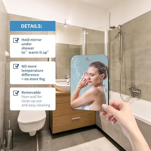 Thicken Shower Mirror Fogless for Shaving,(Large,1 Pcs 11x8 in) Anti Fog Shaving Mirror No Fog Free Holder NO-Drilling Waterproof, Small Wall Mounted Bathroom Accessories Camping Hanging Men - view 4