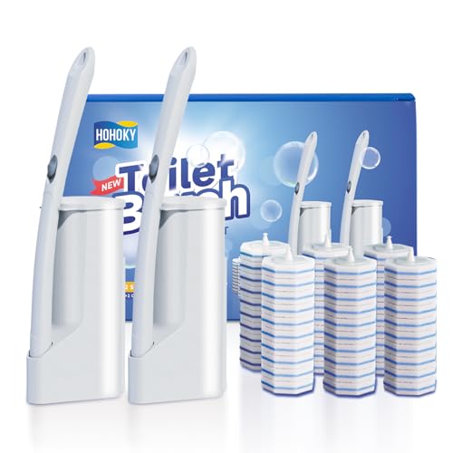 Disposable Toilet Brush Cleaning System, Two Sets of Wands and 60p Refills Pads Replacement Heads, Wall Mounted Toliet Stick Starter Kit Bathroom Maintenance, Toilet Bowl Cleaner Holder