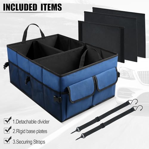 Auto Collapsible Trunk Organizer, 3 Large Compartments and 6 Pockets Durable for Cargo Storage, Easy to Storage Tools With Adjustable Securing Straps and Non-Slip Bottom for Car (Dark Blue) - view 4