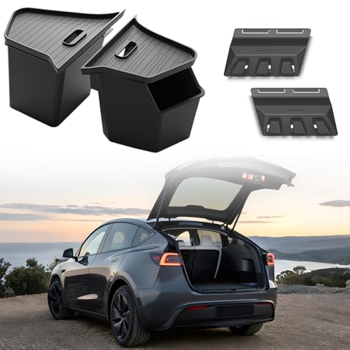 Tesla Model Y Juniper Trunk Organizer Set, 2 Trunk Storage Bins with TPE Lid + 2 Rear Trunk Organizer Hooks, Rear Trunk Side Storage Box for Model Y Juniper 2025 2026 Interior Accessories