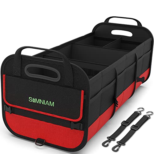 Large Trunk Organizer for Car, Foldable Multi Compartment Car Trunk Organizer with 2 Retractable Straps, Suitable for All Kinds of Cars, SUV, Minivan - 4 Compartments Red