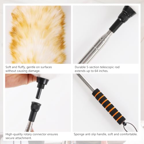 Lambswool Extendable Cleaning Duster 26-64 Inch, Anti-Static Wall Duster Cleaner with Sponge Grip and Stainless Steel Extension Pole for High Ceiling Fan, Interior, and Roof Dusting - Yellow & White - view 4