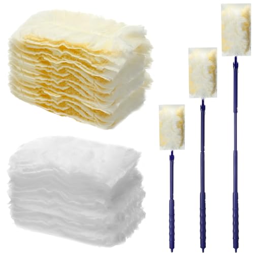 180 Pcs 180° Disposable Dusters Refills Thickened Degree Heavy Duty Dusters Replacement Head with 3 Handles for Furniture Ceiling Cleaning(White, Orange)