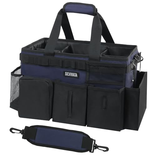 Wearable Cleaning Caddy Bag, Cleaning Caddy Supplies Organizer with Handle & Shoulder Straps for Housekeepers, Under Sink & Car Cleaning Tool Organizers with 4 Foldable Divider Navy (DarkBlue)