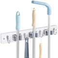 White Broom Holder Wall Mount - Heavy Duty Wood Mop and Broom Organizer with 3 Slots & 4 Hooks - Garden Tool Hanger for Laundry Room Closet Kitchen Garage Storage and Organization - Modern Home Decor