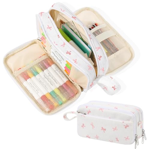 Large Capacity Cute Pencil Case, Aesthetic Pen Pouch, White with Pink Bow Pattern Pencil Bag, Kawaii Stationery Storage and Organizer, Supplies for Teen and Adult Girls