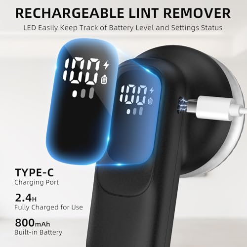 Fabric Shaver, Lint Remover Rechargeable with 3 Speeds, 6 Leaf Blades, Digital LED Display to Remove Fuzz Lint Balls for Clothes, Furniture, Sweater and Couch (Black) - view 3