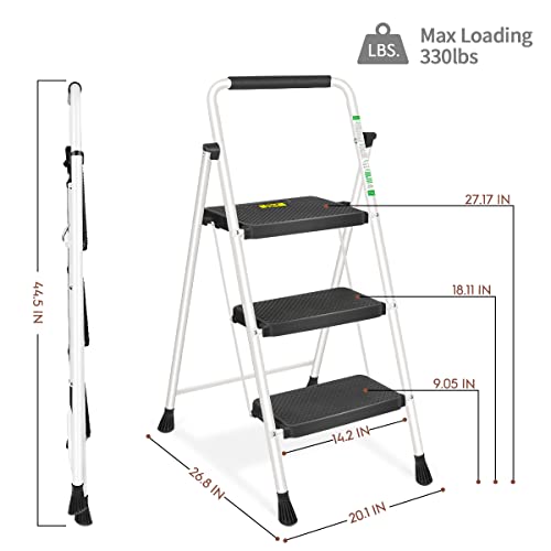 3 Step Ladder Folding Step Stool with Wide Anti-Slip Pedals and Comfort Handgrip for Kitchen Household and Office, Lightweight Capacity 500lbs Sturdy Step Ladder (White) - view 5