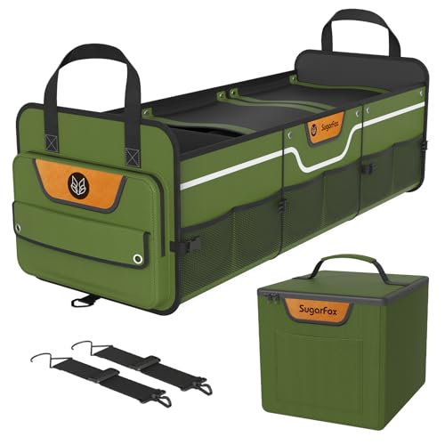 Car Trunk Organizer for SUV, Heavy Duty Waterproof Trunk Organizer, Foldable Collapsible Car Organizer with Cooler, Multi-Compartment Large Trunk Organizer (95L), Green-M003