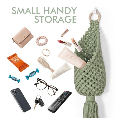 Macrame Wall Hanging Bags, 2 Pack Woven Pouches Boho Storage (Matcha Green) - view 4