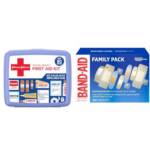 Travel Ready Portable Emergency First Aid Kit for Minor Wound Care & Brand Adhesive Bandage Family Variety Pack, Sheer & Clear Flexible Sterile Bandages