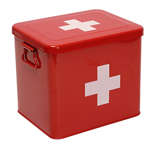 First Aid Kit, First Aid Medicine Supplies Bin - 2-Tier Metal Medicine Storage Tin, First Aid Box with Removable Tray for Home Emergency Tool Set-Red