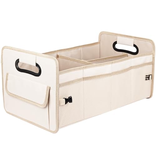 Car Trunk Organizer, Car Organizers and Storage Collapsible Multi Compartment Container Box, Adjustable Car Accessories for SUV Sedan Truck, Standard Size, Beige